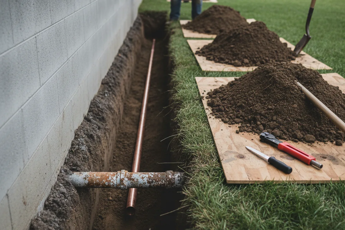 Excavated water line trench during Water Softener Installation in Falmouth